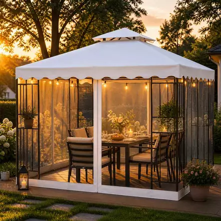 Paviljonki barcelona valkoinen pystytettynä puutarhaan - Paviljongit ja pergolat - 6438168117980 - 2