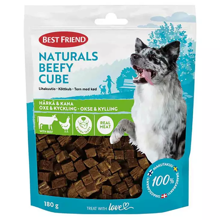 Best friend beefy cube lihakuutiot 180 g ovat lihaisia koiranherkkuja uudelleensuljettavassa pussissa - Koiran puruluut, purutikut ja pururullat - 5700551173400 - 1