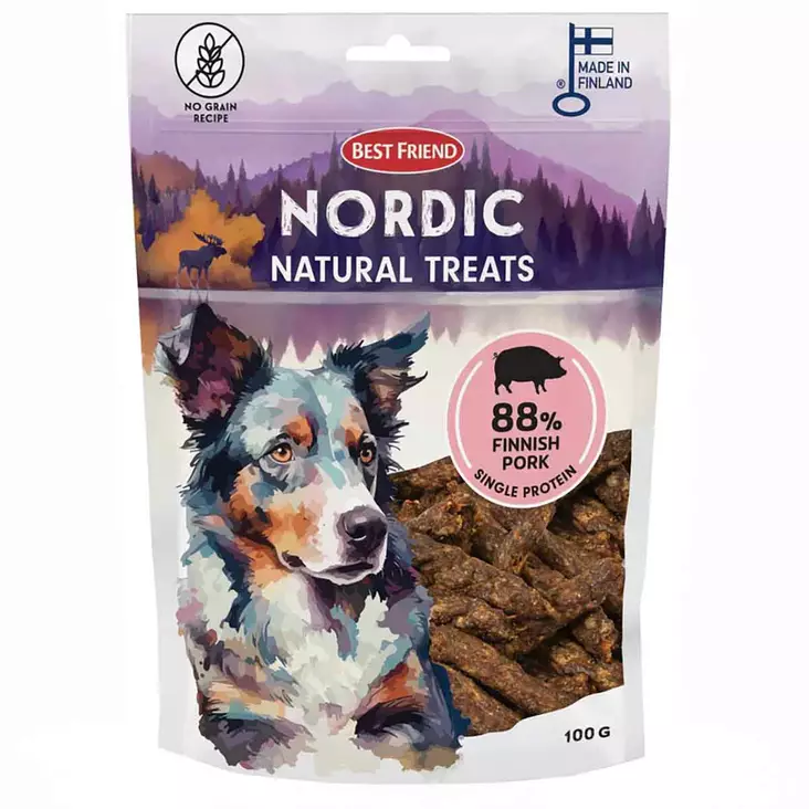 Best friend nordic natural treats porsas koiranherkut 100 g pussissa, suomalaisesta sianlihasta valmistettuna - Koiran puruluut, purutikut ja pururullat - 5700551173370 - 1