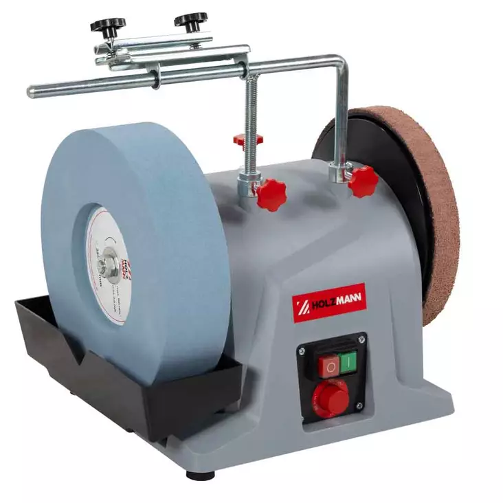Holzmann nts250s märkäteroituskone etuviistosta, vesisäiliö ja nahkapyörä näkyvissä - Hiomakoneet ja smirkelit - 9120058379840 - 1