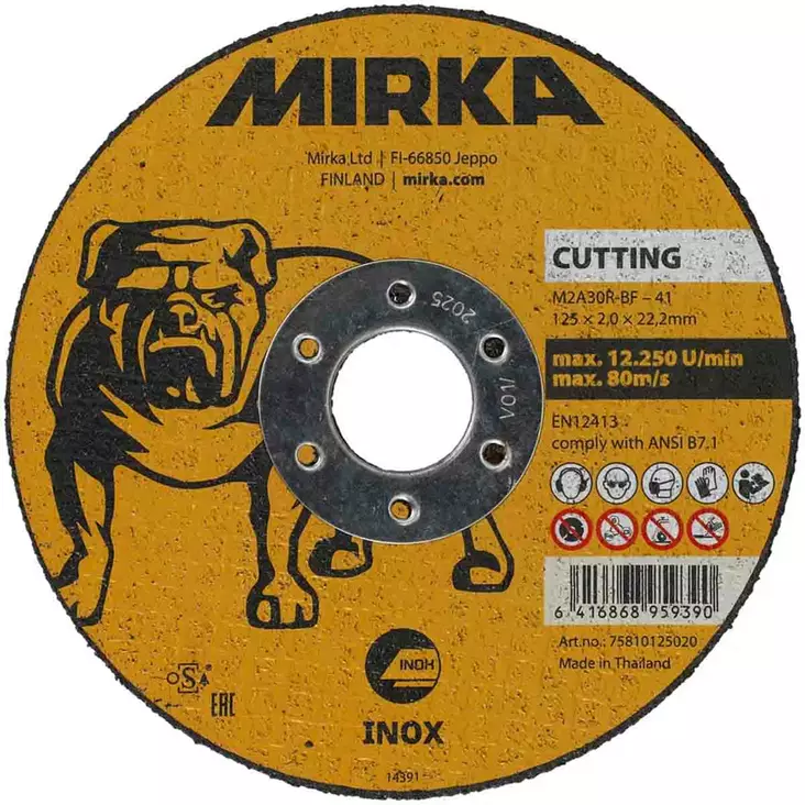 Mirka inox katkaisulaikka 125mm 2,0mm paksuus edestä kuvattuna, en12413 standardi näkyvissä - Kulmahiomakonelaikat 125mm - 6416868959390 - 1