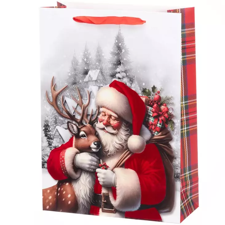 Suurikokoinen joululahjakassi, jossa joulupukki ja peura kuva, täydellinen suurille lahjoille - Paketointi - 6410416498720 - 1