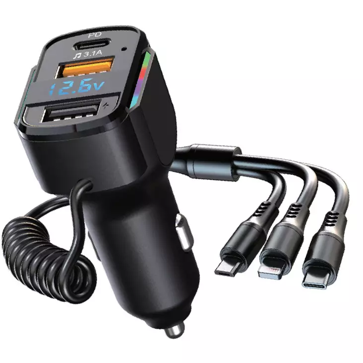 Ax4 autolaturi pd + 2 usb a type c, micro usb, iphone johdot ulos - Tupakansytytyspistokkeet ja laturit - 6418536035191 - 1