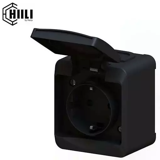 1-osainen musta pistorasia ulkokäyttöön ja kosteisiin tiloihin Hiili-sarja - Pistorasiat  - 6438140197191 - 1