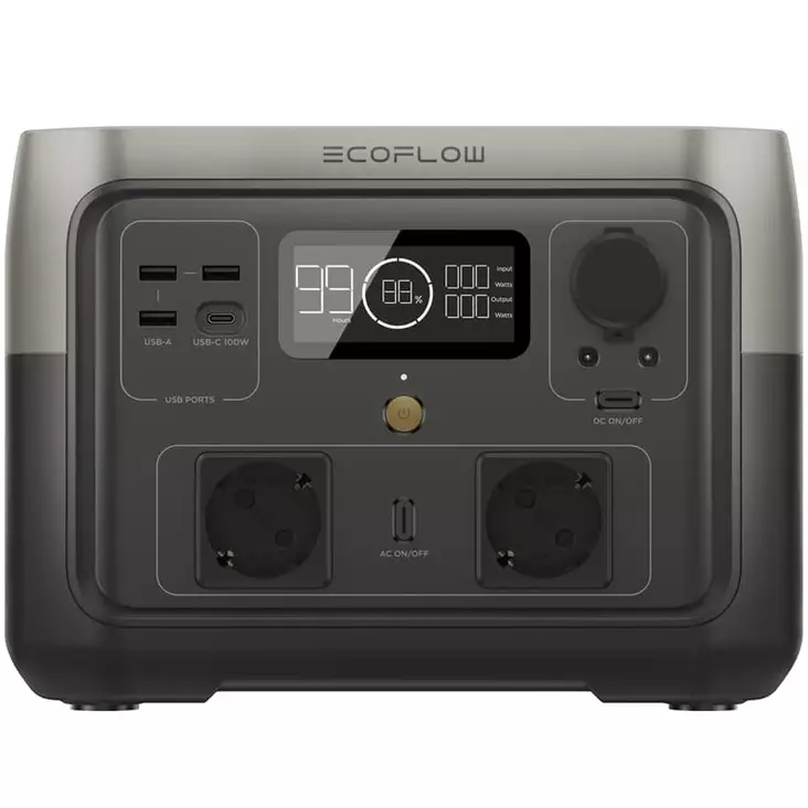 Ecoflow river 2 max virta asema etuviistosta, harmaa ja musta kotelo, kaksi schuko pistoketta näkyvissä - Powerstationit ja varavirtalähteet - 4895251600781 - 1