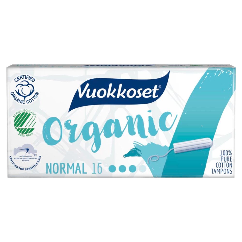 VUOKKOSET ORGANIC TAMPON NORMAL 16KPL 100 luomupuuvilla, normaali vuoto Tuontitukku.fi