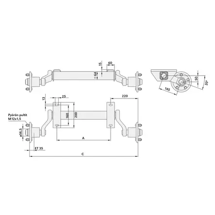 Peräkärryn akseli 750kg A-1600mm 4X100 - Peräkärryn navat, akselit ja iskarit - 6418914441422 - 2
