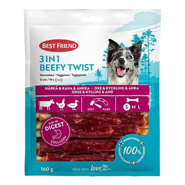 Best friend 3in1 beefy twist purutikut ? kolmen maun kierreherkut koirille, tukevat hampaiden terveyttä ja tarjoavat maukasta purtavaa - Koiran puruluut, purutikut ja pururullat - 5700551173332 - 1