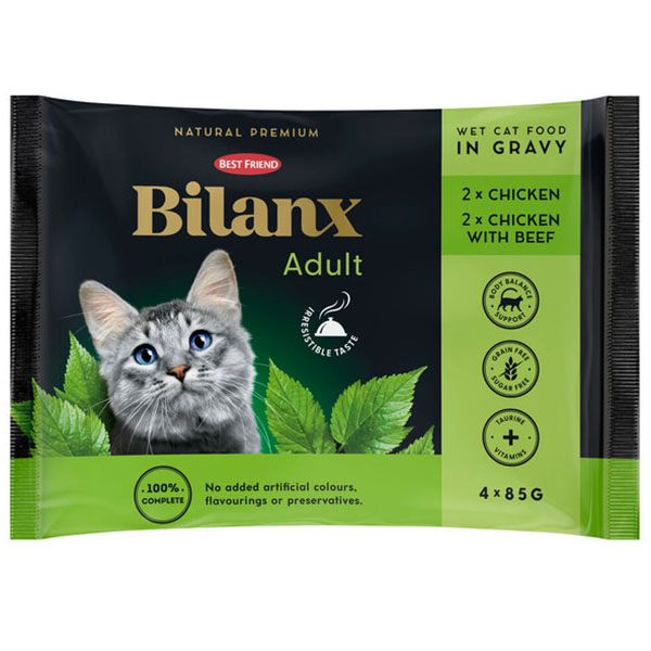 Bilanx adult märkäruoka kana & nauta 4x85 g pakkauksessa - Kissan kuivaruoka - 5700551211942 - 1