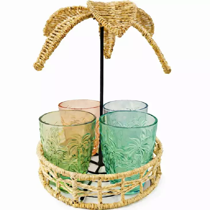 Juomalasit palmu 300 ml nelja eri varia palmuaiheisessa korissa - Mukit, lasit, lautaset ja muut astiat  - 8721037858182 - 1