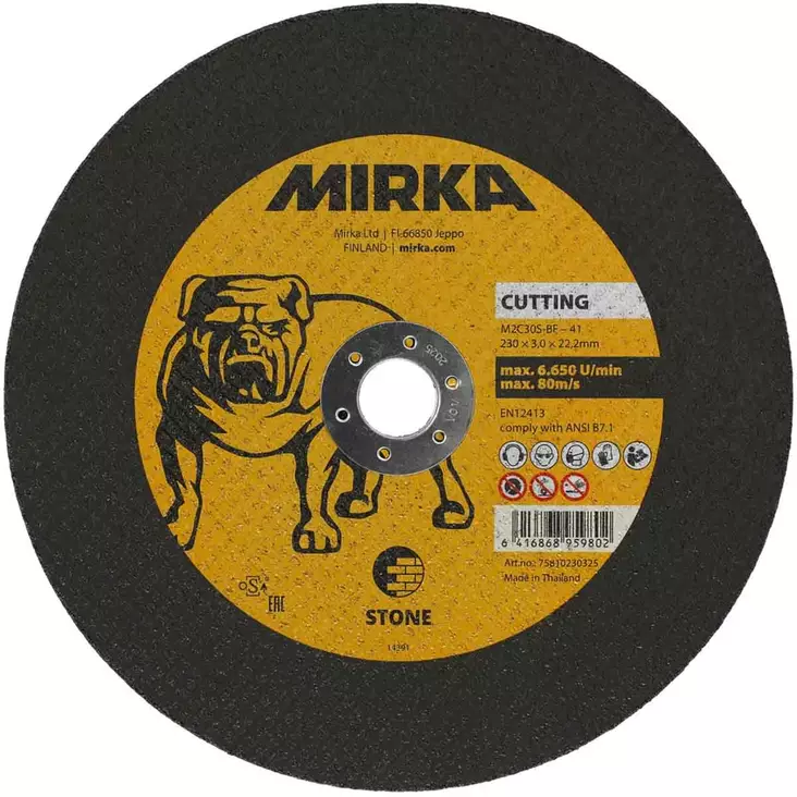 Mirka stone katkaisulaikka 230mm edestä kuvattuna, stone merkintä ja en12413 standardi näkyvissä - Kulmahiomakonelaikat 230mm - 6416868959802 - 1