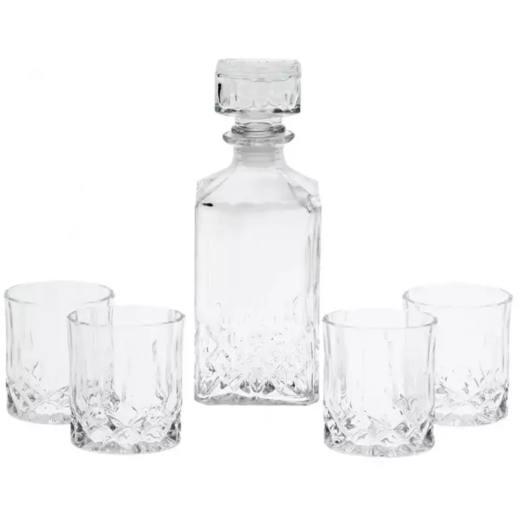 Tyylikäs viskikarahvi korkilla ja neljä lasia - Lasikannut ja lasiastiat - 8719987058202 - 1