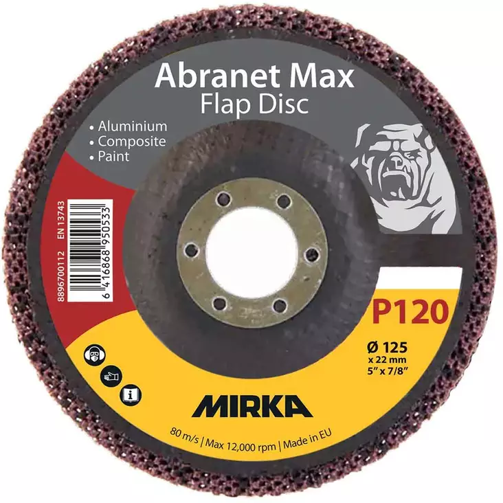 Mirka abranet max lamellilaikka 125mm p120 edestä kuvattuna, en 13743 standardi näkyvissä - Kulmahiomakonelaikat 230mm - 6416868950533 - 1
