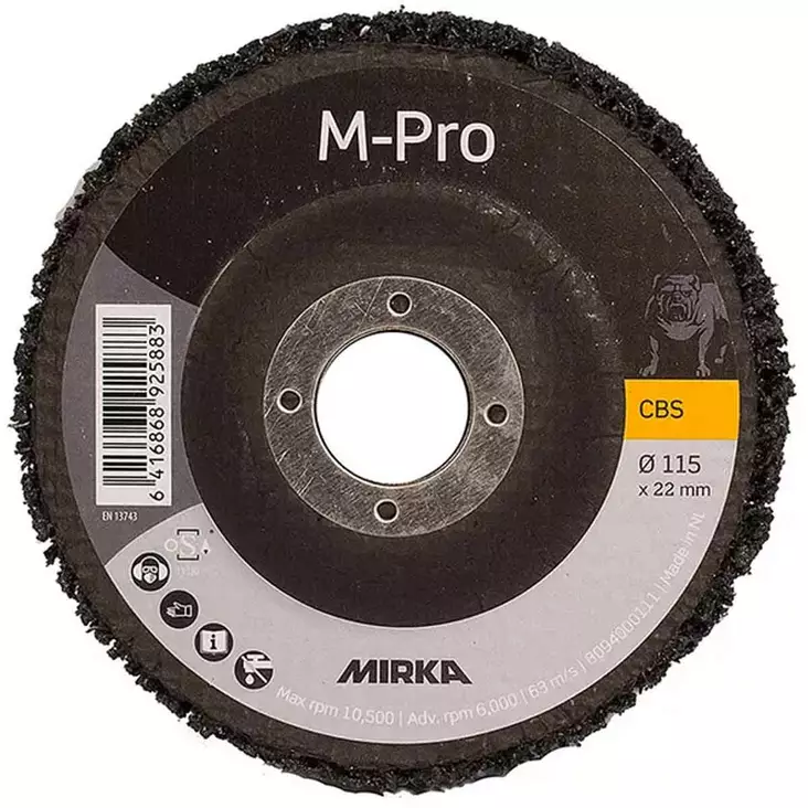 Mirka m pro cbs puhdistuslaikka 115mm edestä kuvattuna, musta kuiturakenne näkyvissä - Kulmahiomakonelaikat 115mm - 6416868925883 - 1