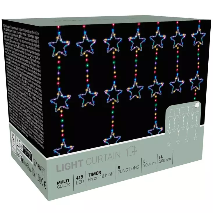 Monivärinen led valoverho 200 x 200 cm tähtikuvioilla - Valoverhot ja jääpuikkovalot - 8721037582643 - 1