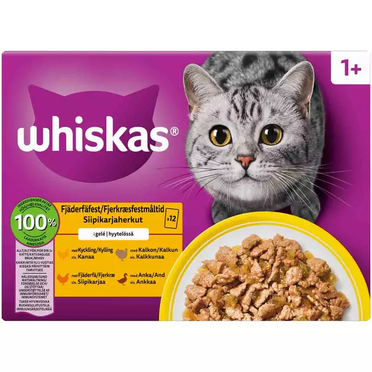 Whiskas 1+ siipikarjaherkut hyytelössä 12x85 g - Kissan märkäruoka - 9003579052143 - 1