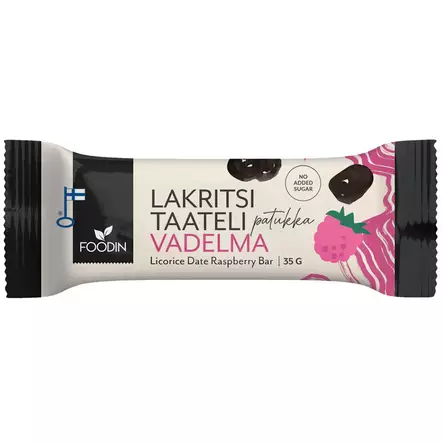 Foodin lakritsitaatelipatukka vadelma 35 g - Taatelit - 6440004601034 - 1