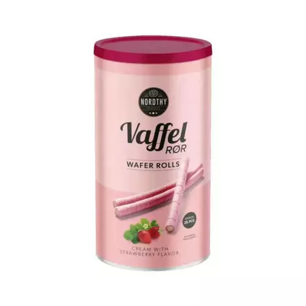 Nordthy mansikkarullakeksit 250 g pakkauksessa, rapeita vohvelirullia mansikan maulla kahvipöytään ja jälkiruokiin - Keksit ja naposteltavat - 5711070707724 - 1