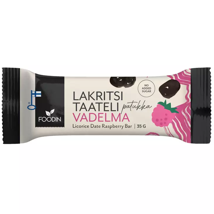 Foodin lakritsitaatelipatukka vadelma 35 g - Taatelit - 6440004601034 - 1