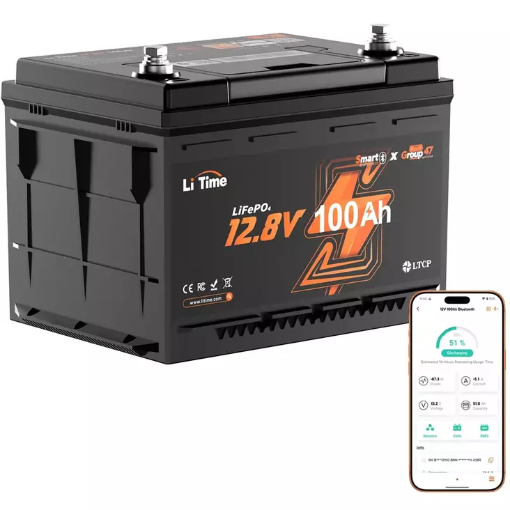 Litime 12v 100ah h168 bluetooth lifepo4 akku valkoisella taustalla - LifePO4-akut - 6438471353594 - 1
