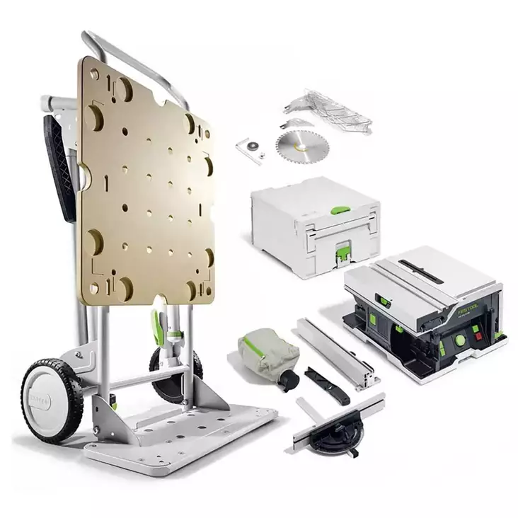 Festool akkupöytäsaha csc sys 50 ja ug csc sys kuljetusjalusta kaikkine osineen toimitussisällön mukaisesti esillä - Jiirisahat ja vannesahat - 6438471341454 - 1