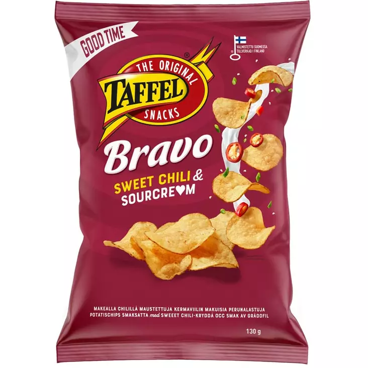 Taffel bravo sour cream sweet chili sipsit suomessa valmistetut perunalastut - Keksit ja naposteltavat - 6410380052324 - 1