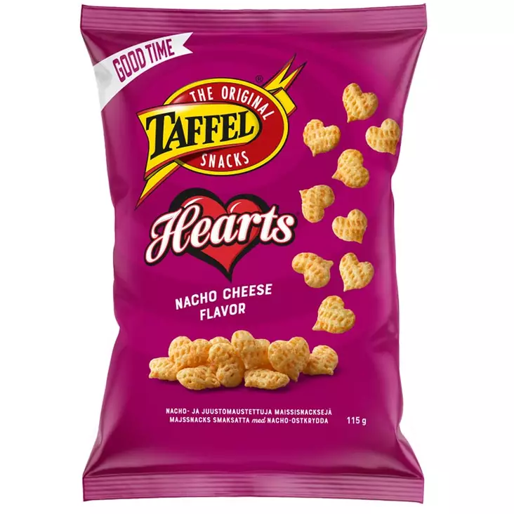 Taffel hearts herkulliset sipsit sopii illanistujaisiin ja ovat parhaat leffaillan herkut - Keksit ja naposteltavat - 6410380052034 - 1