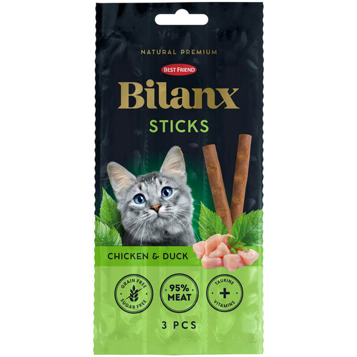 Best friend bilanx sticks kana & ankka lihatikku kissalle, viljaton ja proteiinipitoinen herkku pakkauksessa 3x5 g - Kissan kuivaruoka - 5700551220685 - 1