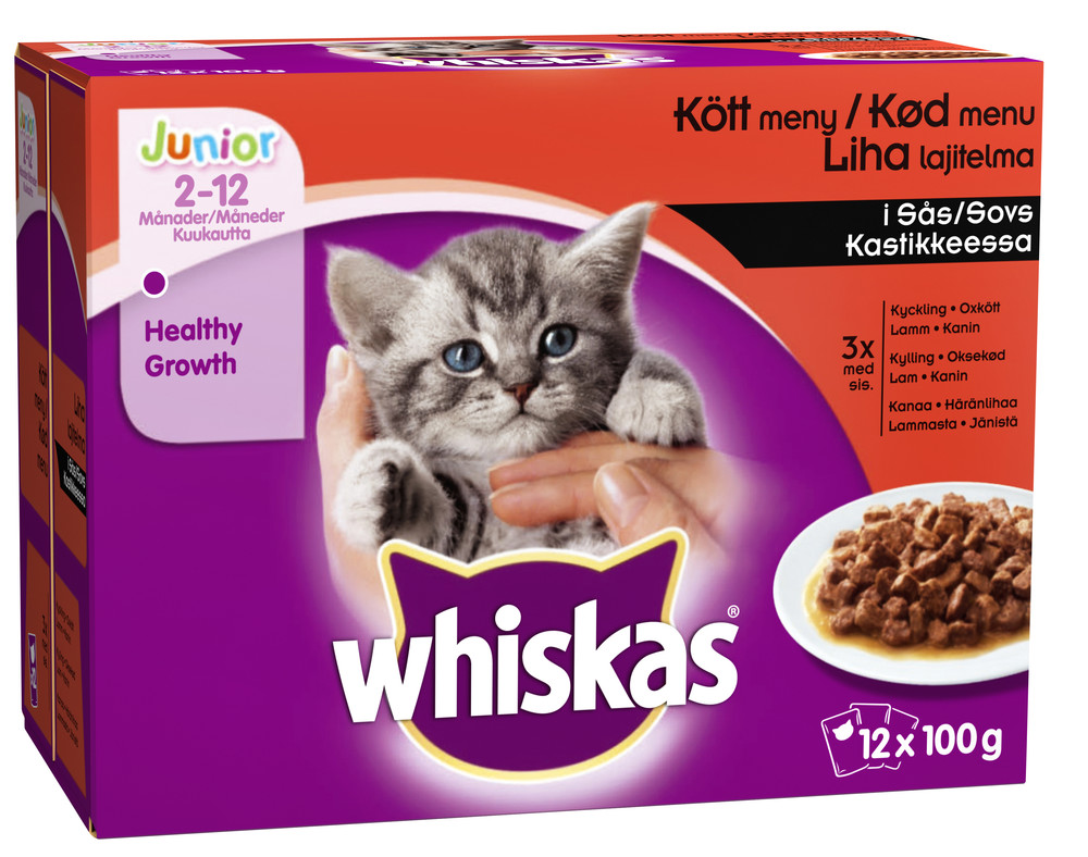 Whiskas Junior lihalajitelma 12x100g Kanaa, härkää, lammasta ja jänistä Tuontitukku.fi