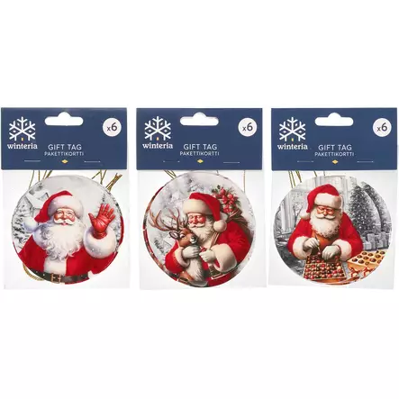 Winteria pyöreät joulupukki pakettikortit 6kpl lajitelma - Paketointi - 6410416498867 - 1