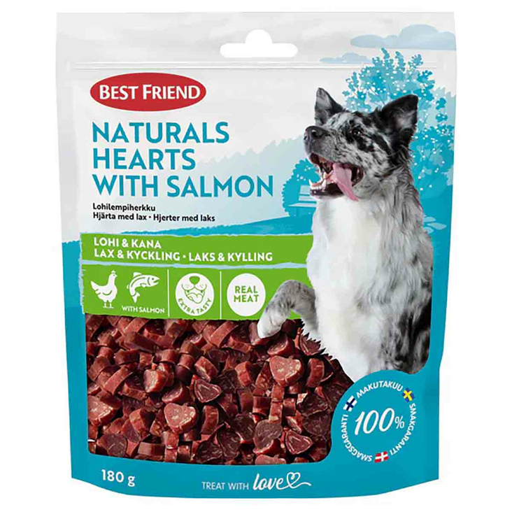 Best friend naturals lohirakkausherkku 180 g ? sydämenmuotoisia viljattomia koiran makupaloja uudelleensuljettavassa pussissa - Koiran puruluut, purutikut ja pururullat - 5700551173417 - 1