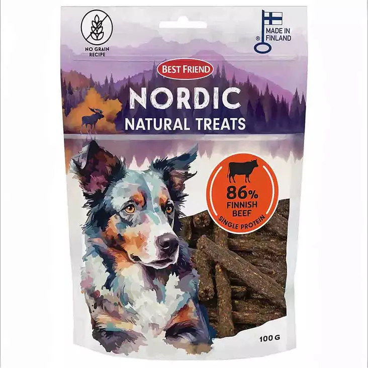 Best friend nordic natural treats härkä koiranherkut 100 g pussissa, kotimaisesta naudasta valmistetut viljattomat makupalat kopio - Koiran puruluut, purutikut ja pururullat - 5700551173387 - 1