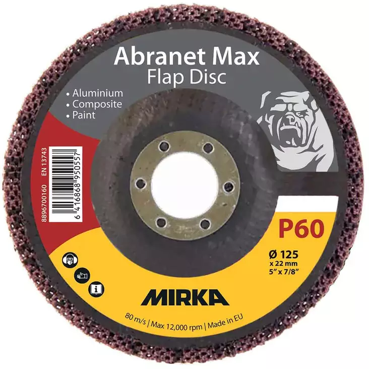 Mirka abranet max lamellilaikka 125mm p60 edestä kuvattuna, en 13743 standardi näkyvissä - Kulmahiomakonelaikat 230mm - 6416868950557 - 1