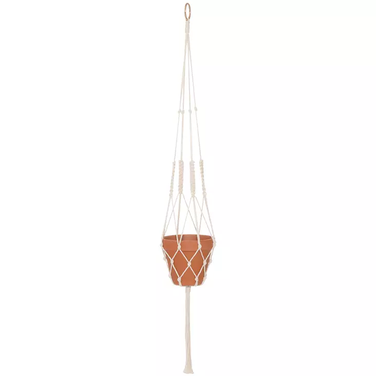Valkoinen naruamppeli punottu makramee 107 cm - Amppelit ja amppelikoukut - 6410416452357 - 1