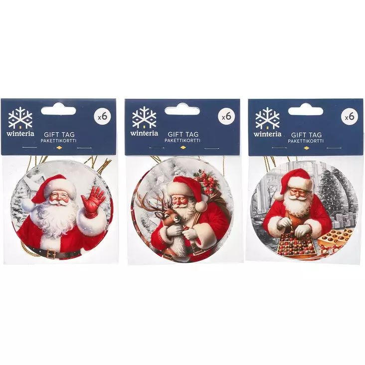 Winteria pyöreät joulupukki pakettikortit 6kpl lajitelma - Paketointi - 6410416498867 - 1