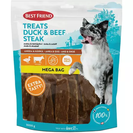 Best friend treats ankka härkä pihvi 1000 g koiran makupalat - Koiran puruluut, purutikut ja pururullat - 5700551173608 - 1
