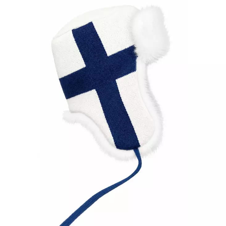 Neulottu karvahattu suomen lippu kuosilla - Päähineet - 6418536042168 - 1