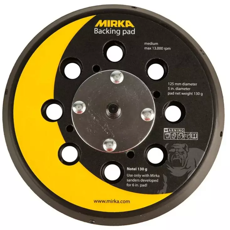 Mirka 125mm alustalla medium, 28 reikää ja keskiön ilmanottoaukko edestä kuvattuna - Hiomatuet - 6416868912418 - 1