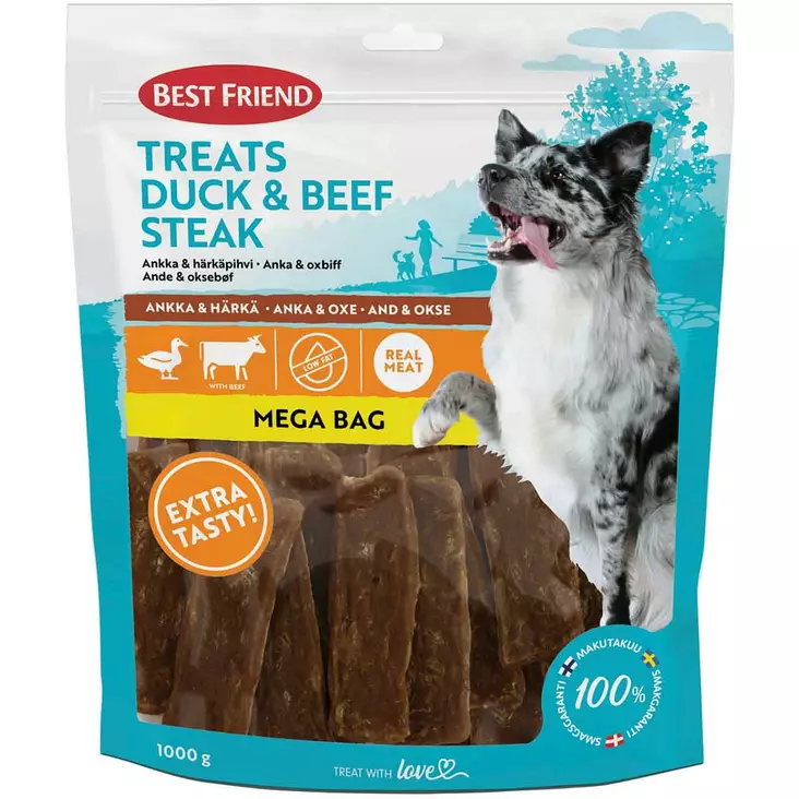 Best friend treats ankka härkä pihvi 1000 g koiran makupalat - Koiran puruluut, purutikut ja pururullat - 5700551173608 - 1