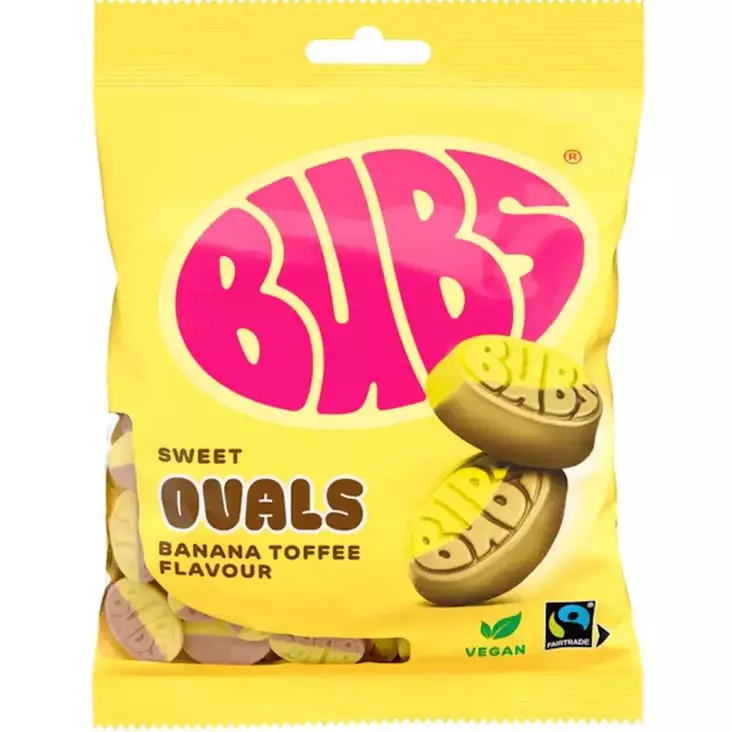Bubs ovals banana toffee 90g banaani toffee hedelmäkarkit - Karkkipussit - 7393077181608 - 1