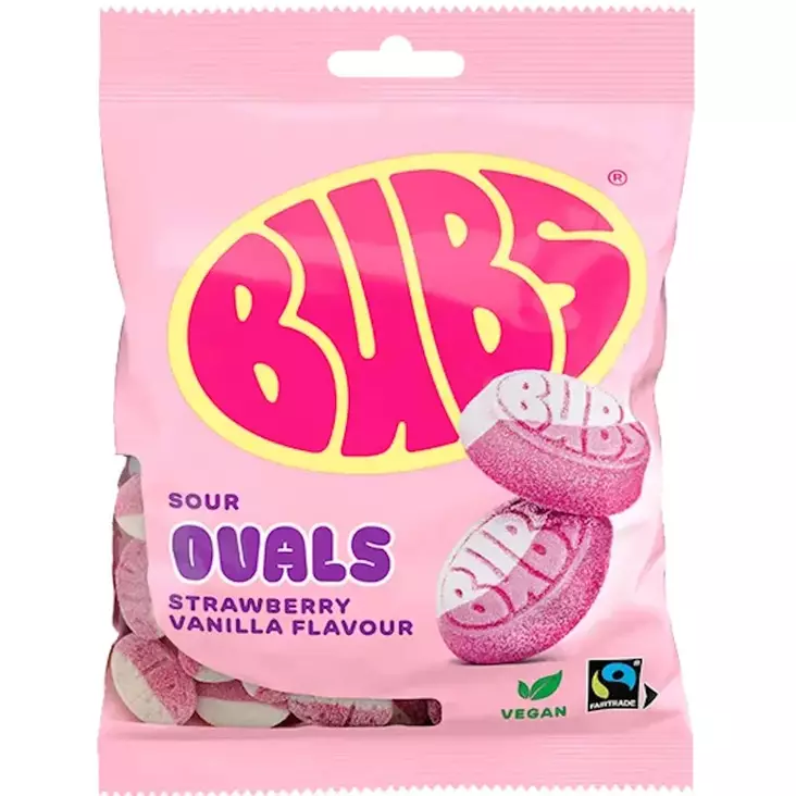 Bubs ovals mansikka vanilja vaahtokarkki kirpeä - Karkkipussit - 7393077181578 - 1