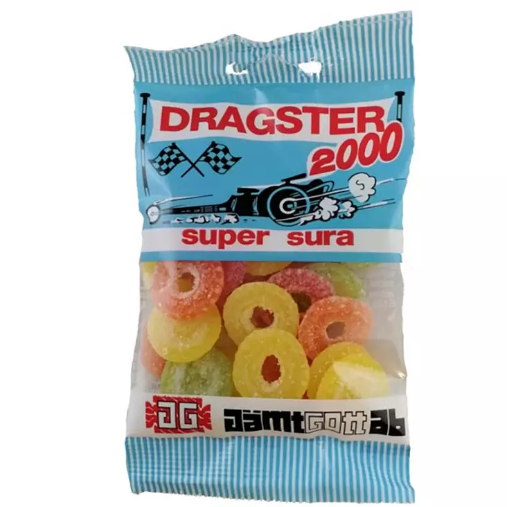 Dragster 2000 kirpeät hedelmärenkaat karkkipussi - Karkkipussit - 7312210099518 - 1
