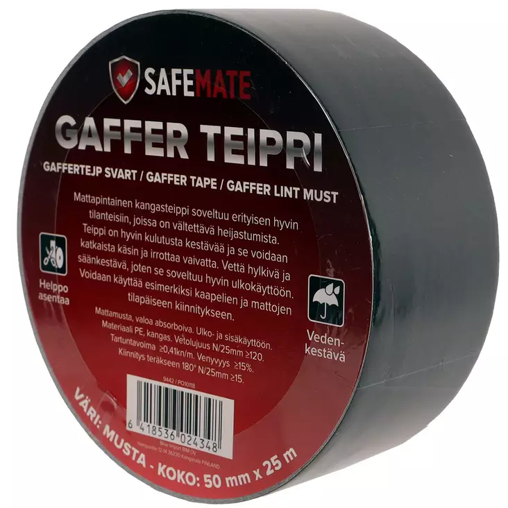 Safemate gaffer teippi 50mm x 25m musta - Liukuesteteipit ja kakspuoliteipit - 6418536024348 - 1