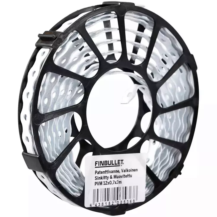 Reikänauha 25x1,0mm galvanoitu valkoinen kiinnitysvanne rullassa - Kulmaraudat ja kiinnityslevyt - 6438152035368 - 1