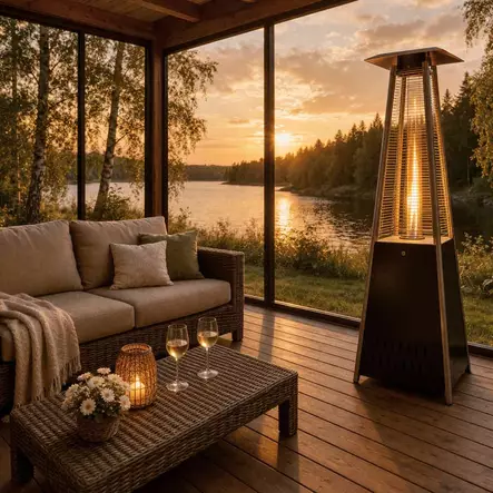 Terassilämmitin käytössä terassilla tunnelmallinen järvenrantamaisema taustalla - Terassilämmittimet - 6418536035429 - 2