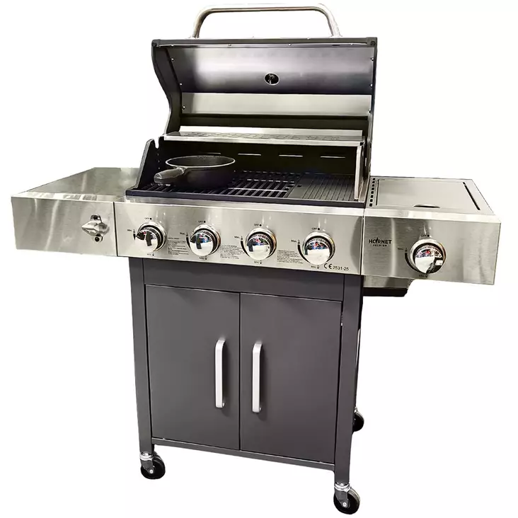 Perinteinen kaasugrilli mökille tai terassille 3 poltinta ja sivukeitin musta - Kaasugrillit - 6438168119519 - 1