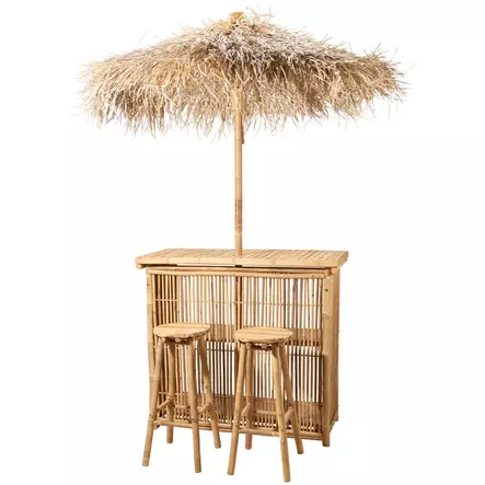 Ulkobaarisetti bambu pöytä aurinkovarjolla ja kaksi baarijakkaraa - Terassikalusteet - 8721037805629-r - 1