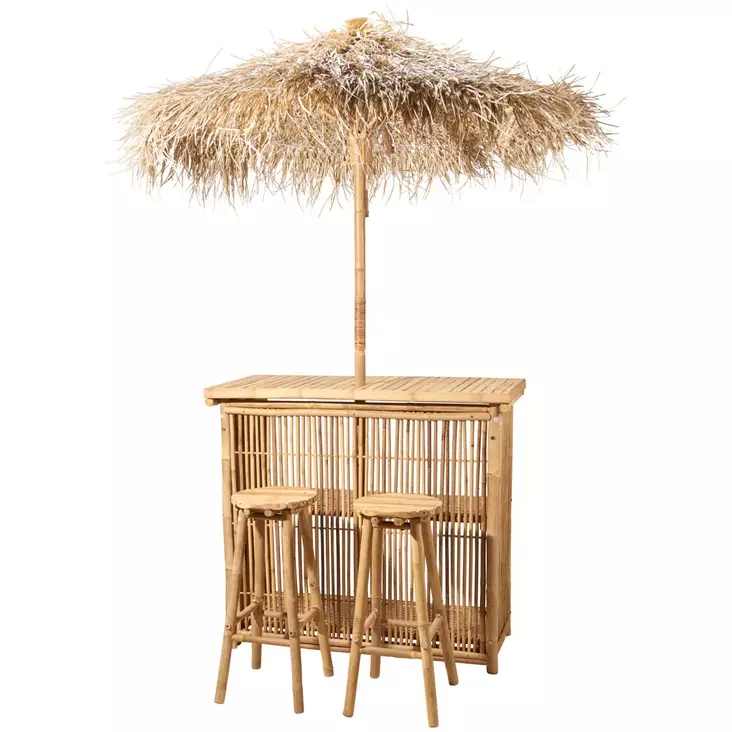 Ulkobaarisetti bambu pöytä aurinkovarjolla ja kaksi baarijakkaraa - Terassikalusteet - 8721037805629-r - 1